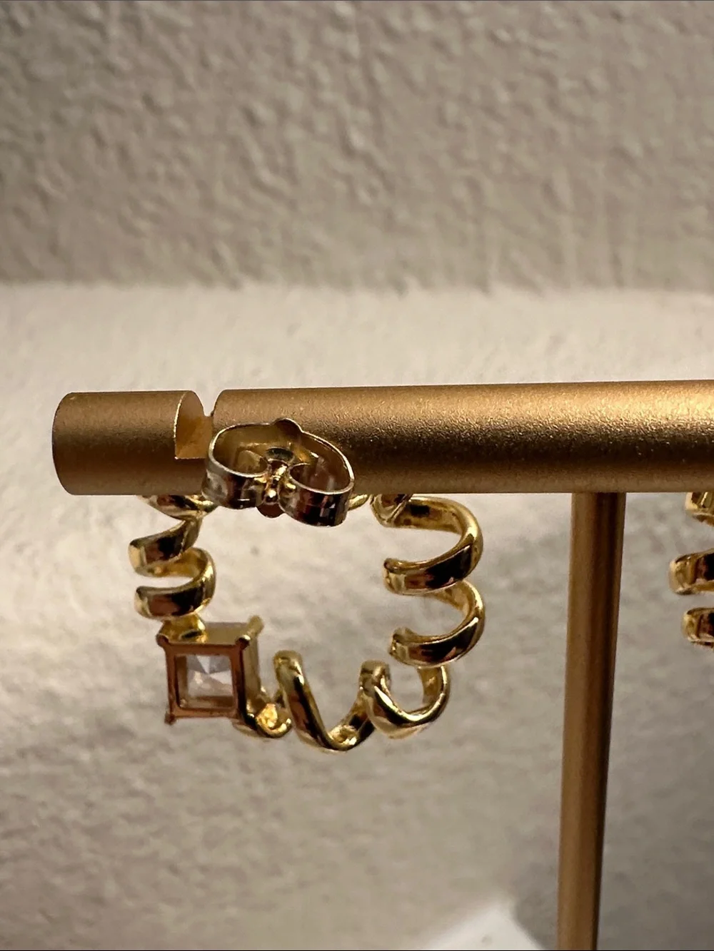 Fashion Jewelry Gold Spiral Hoop Earrings with Clear Stone Accent